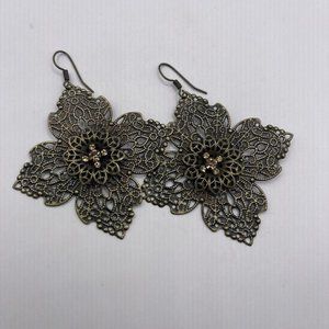 Vintage Gold Tone Cross Shaped Lacey Metal Earrings  3”